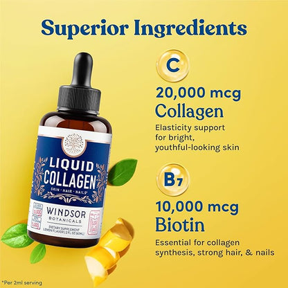 Liquid Collagen for Women and Men with Biotin - 30,000mcg Hydrolyzed Collagen Liquid Peptides Supplement plus Biotin for Hair, Skin, Nail Support - Sublingual Drops or in Drinks - Natural Lemon, 2 oz