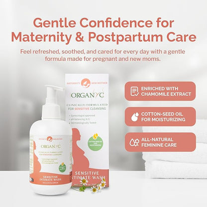 Organyc Feminine Wash for Maternity, Intimate Skin Care, Gentle Hygiene Essentials with Moisturizing Cottonseed Oil & Chamomile, Postpartum Essentials, 8.5 fl oz