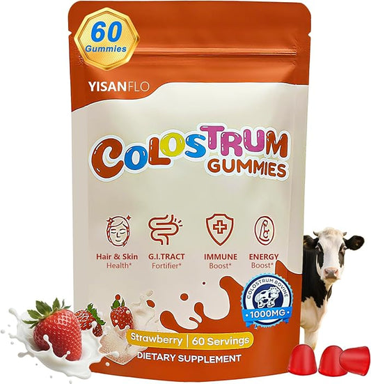Colostrum Gummies | Delicious 1g per Serving Grass Fed Bovine Colostrum Supplement | Colostrum Chews for Gut Health, Immunity, Hair, Skin and Beauty | 60 Gummies, Strawberry Flavor