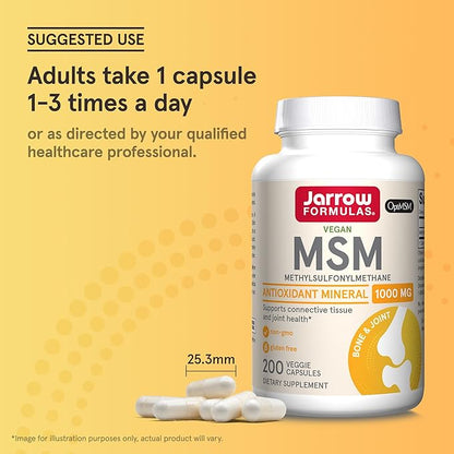 Jarrow Formulas MSM 1000 mg - 200 Veggie Capsules - Methylsulfonylmethane - Source of Sulfur - Dietary Supplement Supports & Strengthens Joints - Up to 200 Servings