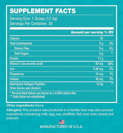 INVIGOR8 Collagen Peptides Powder Hydrolyzed with Vitamin C Type I, II, & III Unflavored Non-GMO Grass-Fed Supplement Supports Joints, Skin, Hair, Nails and Anti-Aging 12.4g