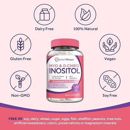 Doctor's Recipes Inositol Supplement for Women, Myo-Inositol & D-Chiro Inositol Capsules 2050mg per Serving, Ideal 40:1 Blend, 120 Vegan Caps