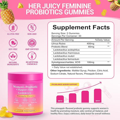 Her Juicy Feminine Probiotics Gummies, Premium Feminine Balance Probiotics with Slippery Elm for Women's pH Balance and Freshness – Support Daily Wellness & Comfort 120 Pineapple Gummies