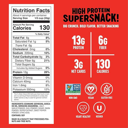 The Only Bean Crunchy Roasted Edamame Snack (Sriracha), High Protein Snacks (13g) Healthy Protein Chips, Keto Friendly Food (2g Net), Plant-Based Vegan Snacks, Office Snacks, Spicy Snack, 4oz (3 Pack)