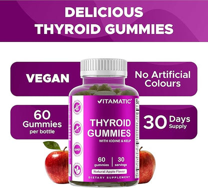 Vitamatic Vegan Thyroid Support Gummies with Iodine & Kelp – 60 Count Improve Your Energy & Increase Metabolism – Plant-Based
