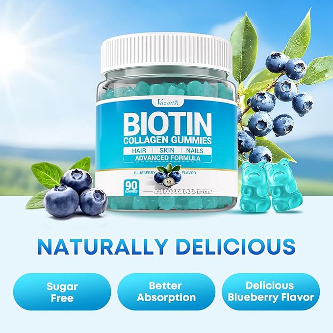 Biotin Gummies 10,000mcg with Collagen - 23-in-1 Hair Growth Gummies for Women & Men - Hair Skin and Nails Gummies with Keratin & Saw Palmetto - Sugar Free Non-GMO, Blueberry, 180 Count