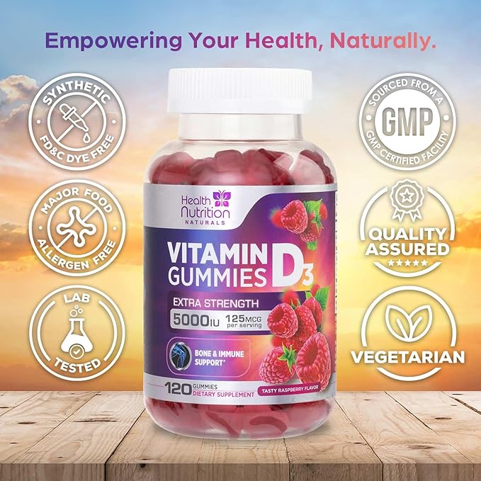 Vitamin D3 Gummies 125 mcg (5000 IU) Per Serving - 3X Strength Immune Support & Bone Support, Vitamin D Gummy Dietary Supplement, Nature's Berry D Vitamin Supplement, Raspberry Flavored - 120 Gummies