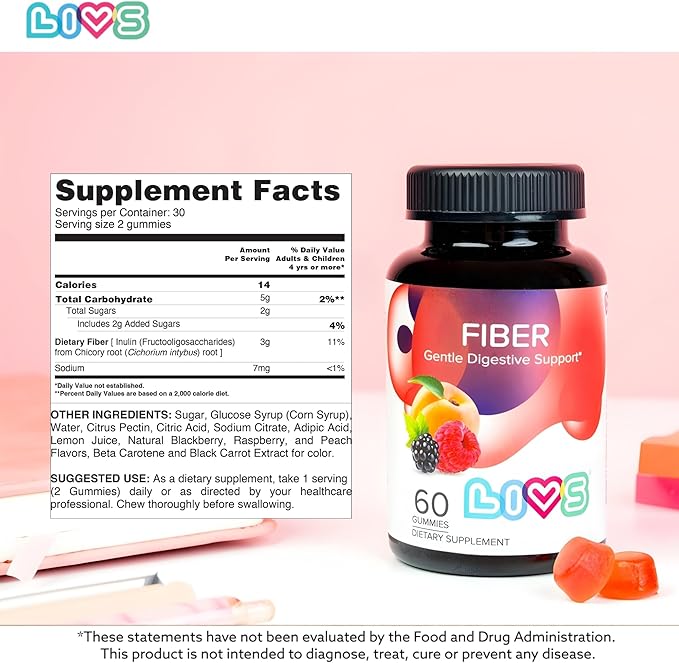 LIVS Fiber Gummies for Adults – Promote Digestive Support & Regularity | Gut Health & Smooth Digestion | Plant-Based Prebiotic | Non-GMO Fiber Supplement for Men & Women | 60 Count with 30 Servings