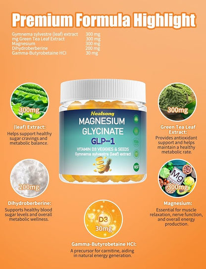 GLP-1 Magnesium Glycinate Gummies Supplements with Magnesium Malate & Taurate | Vitamin D3 Spinach | Kale | Broccoli | 90 Count with Gymnema Sylvestre, Green Tea Phytosome (Pineapple)