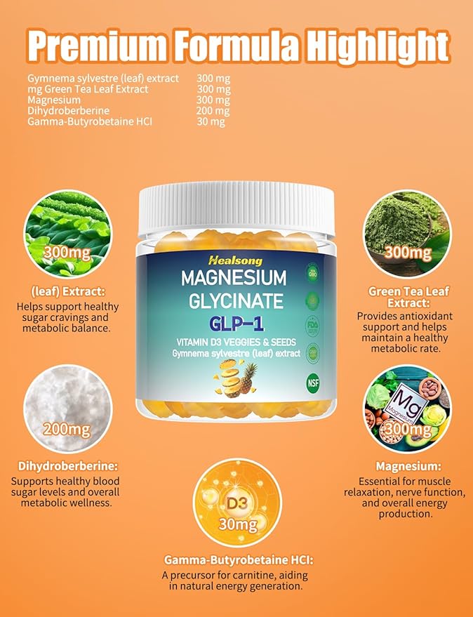 GLP-1 Magnesium Glycinate Gummies Supplements with Magnesium Malate & Taurate | Vitamin D3 Spinach | Kale | Broccoli | 90 Count with Gymnema Sylvestre, Green Tea Phytosome (Raspberry)
