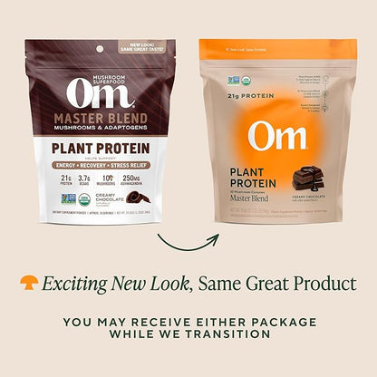 OM MUSHROOM SUPERFOOD Master Blend Vegan Protein – Organic Chocolate Plant Protein with 10 Mushrooms, Ashwagandha, BCAAs & B12 – Energy, Recovery & Immune Support – 1.2 lb (16 Servings)