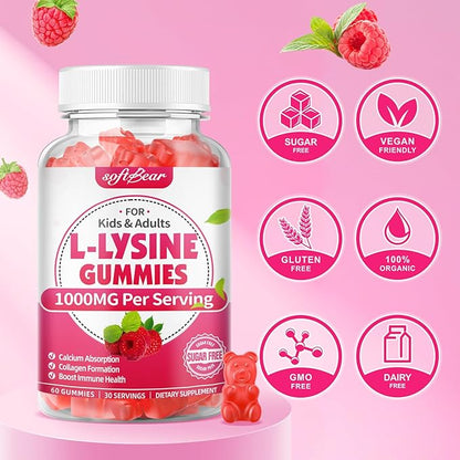 softbear L-Lysine Gummies for Adults & Kids, L Lysine 1000mg Chewable Lysine Supplement for Lips & Oral Health, Immune & Collagen Support, Vegan, Non GMO, Gluten-Free, Raspberry Flavor 60 Count