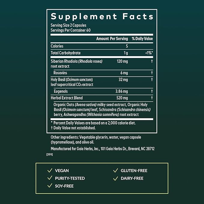 Gaia Herbs Adrenal Health Daily Support - Herbal Supplement with Ashwagandha, Holy Basil & Schisandra - Help Maintain Healthy Energy & Stress Levels* - 120 Vegan Liquid Phyto-Caps (60 Servings)