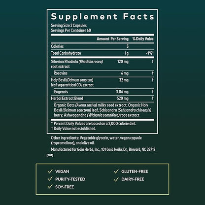 Gaia Herbs Adrenal Health Daily Support - Herbal Supplement with Ashwagandha, Holy Basil & Schisandra - Help Maintain Healthy Energy & Stress Levels* - 120 Vegan Liquid Phyto-Caps (60 Servings)