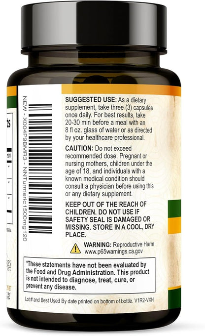 Turmeric Curcumin Supplement 1500mg - Organic Tumeric & BioPerine Black Pepper for Best Absorption with 95% Curcuminoids, Nature's Joint & Immune Support, Non-GMO, Bottled in USA - 120 Capsules