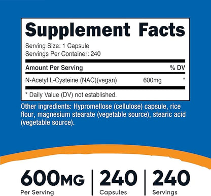 Nutricost N-Acetyl L-Cysteine (NAC) 600mg, 240 Vegetarian Capsules - Vegan, Non-GMO, Gluten Free
