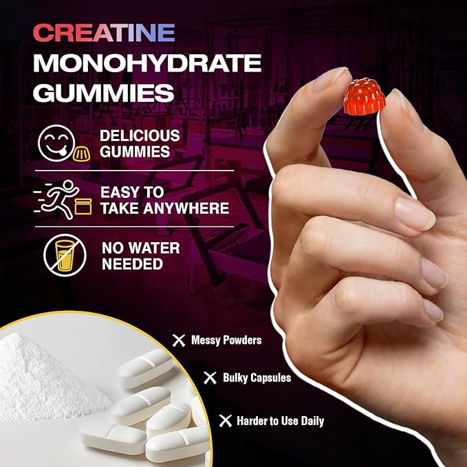 Creatine Gummies for Women & Men Low Sugar Creatine Supplements, Help Build Muscle Creatine Monohydrate Gummies Raspberry Flavor Supports Muscle Growth and Enhances Strength 120 Count