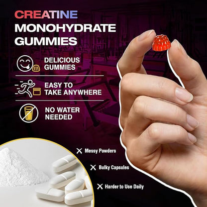 Creatine Gummies for Women & Men Low Sugar Creatine Supplements, Help Build Muscle Creatine Monohydrate Gummies Raspberry Flavor Supports Muscle Growth and Enhances Strength 120 Count