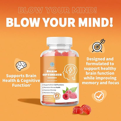 Gummies - Brain Supplement for Memory, Focus & Attention - Cognitive Support with Magnesium, Omega 3, Ashwagandha - 90 Count Raspberry Flavor