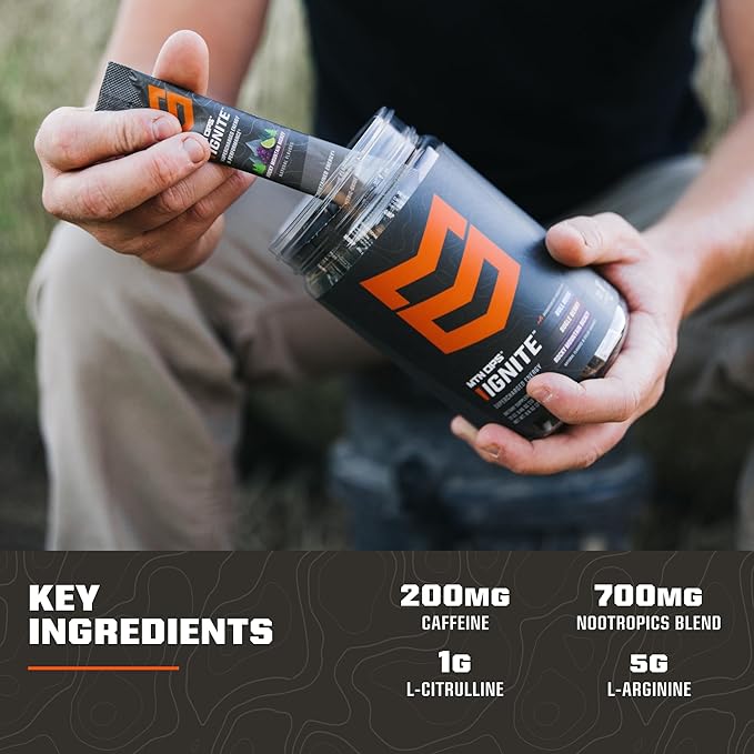 MTN OPS Ignite Sugar Free Energy Drink Powder Variety Pack with 200mg Caffeine, Travel Pre Workout Packets for to-Go Energy, Nootropic Blend, L Arginine & L Citrulline, 21 Servings, Core Flavors