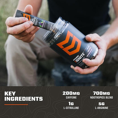 MTN OPS Ignite Sugar Free Energy Drink Powder Variety Pack with 200mg Caffeine, Travel Pre Workout Packets for to-Go Energy, Nootropic Blend, L Arginine & L Citrulline, 21 Servings, Core Flavors