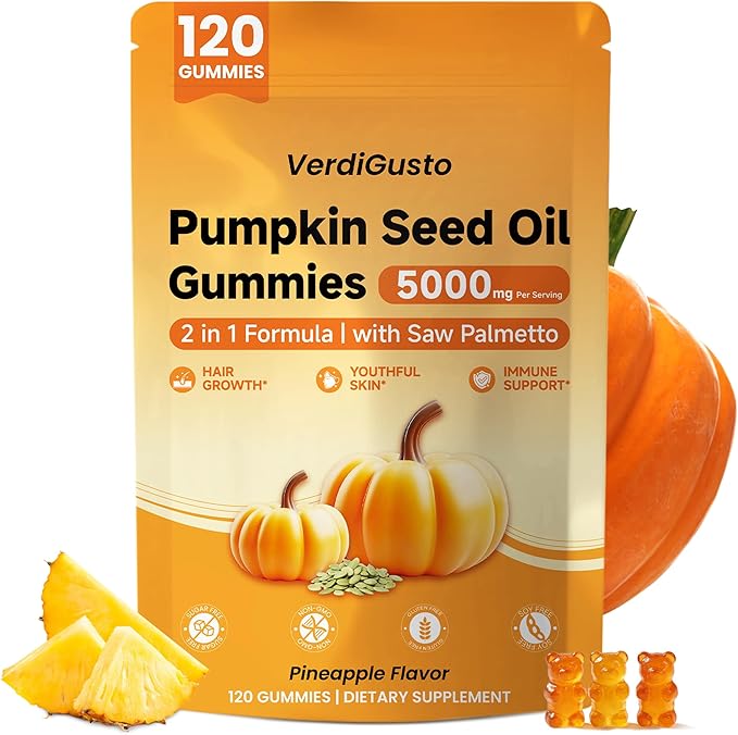 120 Count Pumpkin Seed Oil Gummies with Saw Palmetto | 5,000 mg Cold-Pressed Extract | Sugar-Free Pineapple Flavor | Supports Hair, Skin & Prostate Health | Pumpkin Seed Oil Supplement for Men & Women