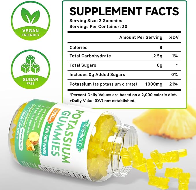 Potassium Citrate Gummies 1000mg, High Potency Potassium Supplement Gummies for Adults Women & Men, Support Muscle Health, Sugar-Free, Pineapple Flavor, 120 Count