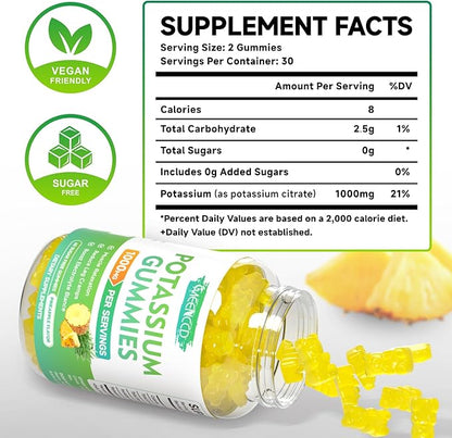 Potassium Citrate Gummies 1000mg, High Potency Potassium Supplement Gummies for Adults Women & Men, Support Muscle Health, Sugar-Free, Pineapple Flavor, 120 Count
