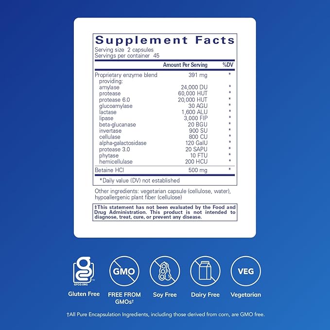 Pure Encapsulations Digestive Enzymes Ultra with Betaine HCl - Vegetarian Digestive Enzyme Supplement to Support Protein, Carb, Fiber, and Dairy Digestion* - 90 Capsules