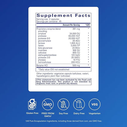 Pure Encapsulations Digestive Enzymes Ultra with Betaine HCl - Vegetarian Digestive Enzyme Supplement to Support Protein, Carb, Fiber, and Dairy Digestion* - 90 Capsules