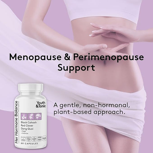 Youth & Tonic Her Hormone Balance – Menopause Supplement for Women, Perimenopause Support, Non-Hormonal Herbal Formula with Black Cohosh for Hot Flashes & Night Sweats, 60 Capsules