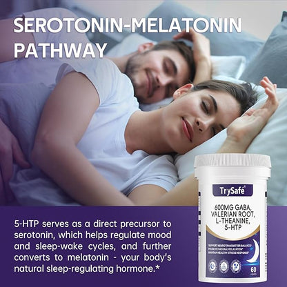 600mg GABA Sleep Aid* for Adults with 200mg Valerian Root, 100mg L-theanine, 60mg 5-HTP | Helps The Body Ease Into Sleep* & Maintain Deep Restful Sleep*, 60 Capsules, 30 Day Supply
