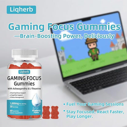 Focus Gummy for Gaming: with L-Theanine, Ashwagandha & Taurine, Stress Relief, Energy & Focus, for Gamers & Pros, Caffeine-Free, Sugar-Free Blueberry Flavor, Vegan, Non-GMO, Gluten Free, 60