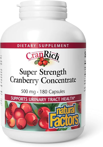 Natural Factors CranRich Super Strength Cranberry Concentrate - Antioxidant Support Supplement with Cranberry Concentrate - Aids Urinary Tract & Bladder Health - 180 Capsules (180 Servings)