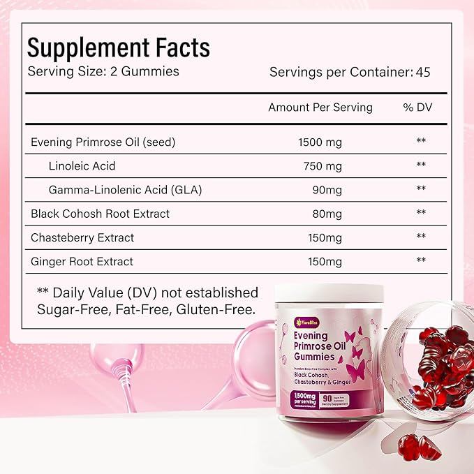 FloraBliss 90 Evening Primrose Oil Gummies | 1500mg | with Black Cohosh, Chasteberry, Ginger Extract for Daily Women's Wellness Support | Vegan, Non-GMO, Sugar-Free