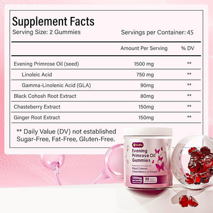 FloraBliss 90 Evening Primrose Oil Gummies | 1500mg | with Black Cohosh, Chasteberry, Ginger Extract for Daily Women's Wellness Support | Vegan, Non-GMO, Sugar-Free