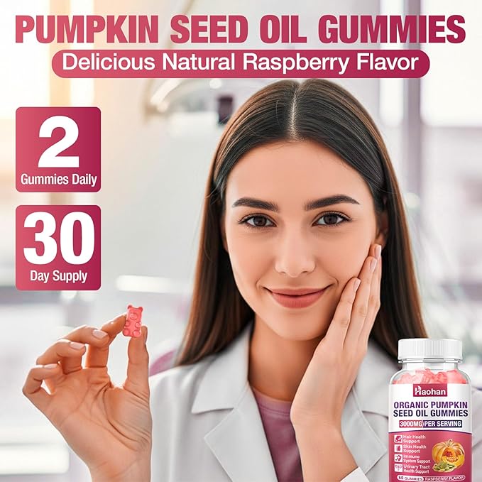 Haohan Pumpkin Seed Oil Gummies with Saw Palmetto for Hair Growth in Women & Men - Organic Hair Skin & Nails Supplement with High-Purity Extract - Sugar-Free, Non-GMO, Raspberry Flavor, 60 Count