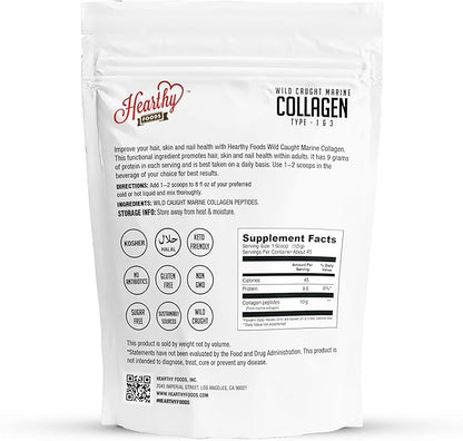 HEARTHY FOODS Marine Collagen Powder 16 Oz - Sourced from Wild-Caught Fish, Pescatarian Friendly, Keto Certified & Non-GMO Verified - Easy to Mix in Water - 45 Servings