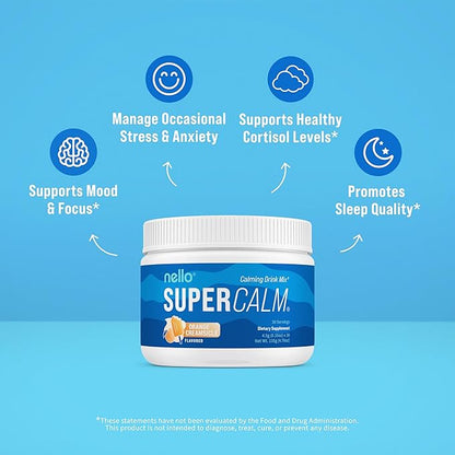 Nello Supercalm Powdered Drink Mix Tub, Cortisol Reducer* and Sleep Aid Supplement, L Theanine, Ksm-66 Ashwagandha, Magnesium Glycinate, Vitamin D 3, No Sugar, Non GMO, 30 Ct, Orange Creamsicle