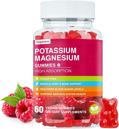 Potassium Magnesium Gummies - Magnesium Glycinate B6,D3 & Potassium Citrate for Leg Cramps,Muscle,Electroyte for Adults Kids,Sugar-Free - 60 Raspberry Gummies