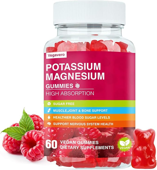 Potassium Magnesium Gummies - Magnesium Glycinate B6,D3 & Potassium Citrate for Leg Cramps,Muscle,Electroyte for Adults Kids,Sugar-Free - 60 Raspberry Gummies