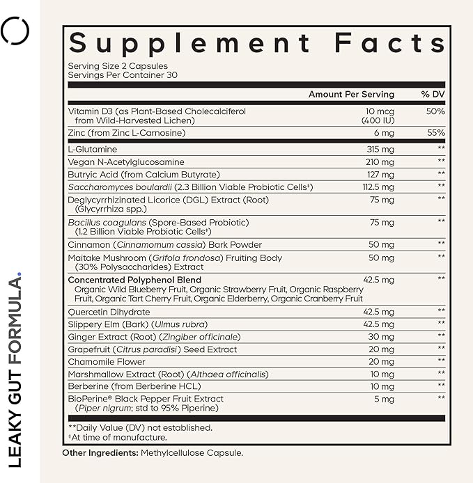 Codeage Leaky Gut Supplement, L-Glutamine, N-Acetylglucosamine, Probiotic, Butyric Acid, Polyphenols, Quercetin, DGL, Marshmallow Root, Berberine, BioPerine, Cinnamon, Vegan, Non-GMO, 60 Capsules