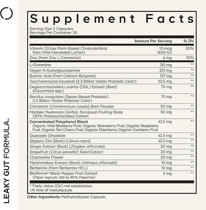 Codeage Leaky Gut Supplement, L-Glutamine, N-Acetylglucosamine, Probiotic, Butyric Acid, Polyphenols, Quercetin, DGL, Marshmallow Root, Berberine, BioPerine, Cinnamon, Vegan, Non-GMO, 60 Capsules