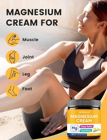 Venture Pal Topical Magnesium Cream, Fast-Absorbing Magnesium Moisturizing Lotion with Coconut Oil, Shea Butter & Hyaluronic Acid, Suitable for Kids