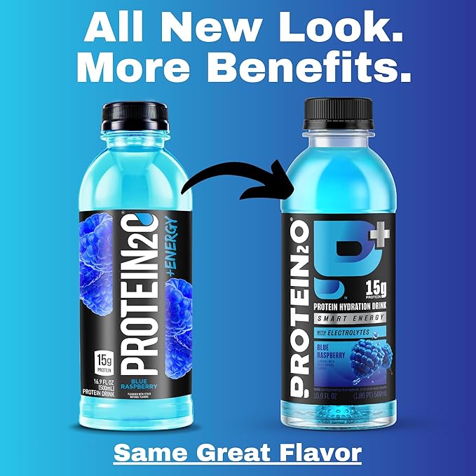 Protein2o 15g Whey Protein Isolate Hydration Drink Plus Energy & Focus,350mg Electrolytes,125mg Caffeine,Sugar Free,Blue Raspberry,16.9 oz Bottle,(Pack of 24)