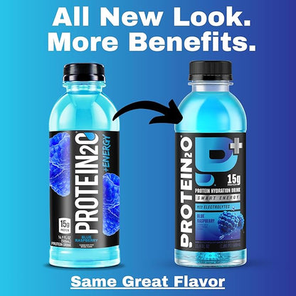 Protein2o 15g Whey Protein Isolate Hydration Drink Plus Energy & Focus,350mg Electrolytes,125mg Caffeine,Sugar Free,Blue Raspberry,16.9 oz Bottle,(Pack of 24)