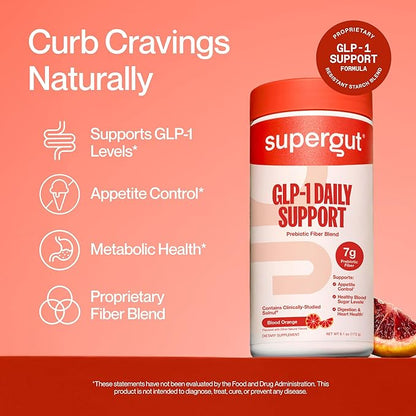 Supergut GLP1 Daily Support, Blood Orange - High Fiber GLP-1 Supplement Powder for Women & Men - Sugar-Free Drink Mix for Gut Health & Digestive Support (18 Servings)