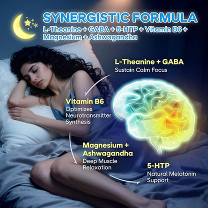 L-Theanine Gummies with L-Theanine 400 mg, Ashwagandha, GABA, 5-HTP, Magnesium Glycinate for Calm, ZZZ & Relaxation Support - Vegan, Raspberry Flavor, 60 Count