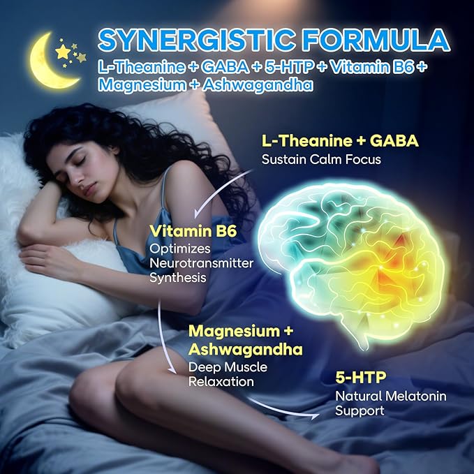L-Theanine Gummies with L-Theanine 400 mg, Ashwagandha, GABA, 5-HTP, Magnesium Glycinate for Calm, ZZZ & Relaxation Support - Vegan, Raspberry Flavor, 120 Count