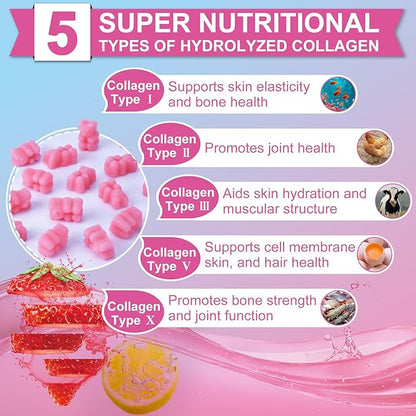 Multi Collagen Peptides Gummies, Type I, II, III, V, X - Hydrolyzed Collagen Peptides with Biotin, Hyaluronic Acid, Supports Healthy Skin, Strong Nails & Thick Hair, 60 Count, 1 Pack